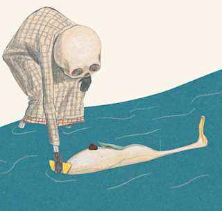 Illustration: Der Tod legt eine Ente im Fluss