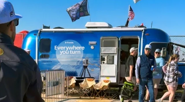 The iconic blue Trimble trailer greets a delighted crowd in Kansas City.