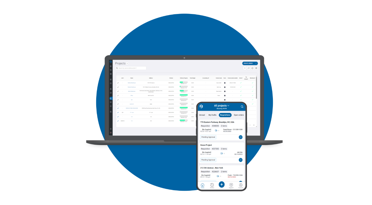 Trimble Materials software displayed on a laptop and mobile device, showing project lists and requisition details for efficient management.