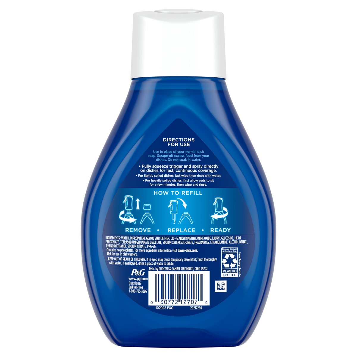 Back side of a Dawn Powerwash Gain Apple Mango Tango Dish Spray Refill showing ingredients, safety warnings, and product information label.