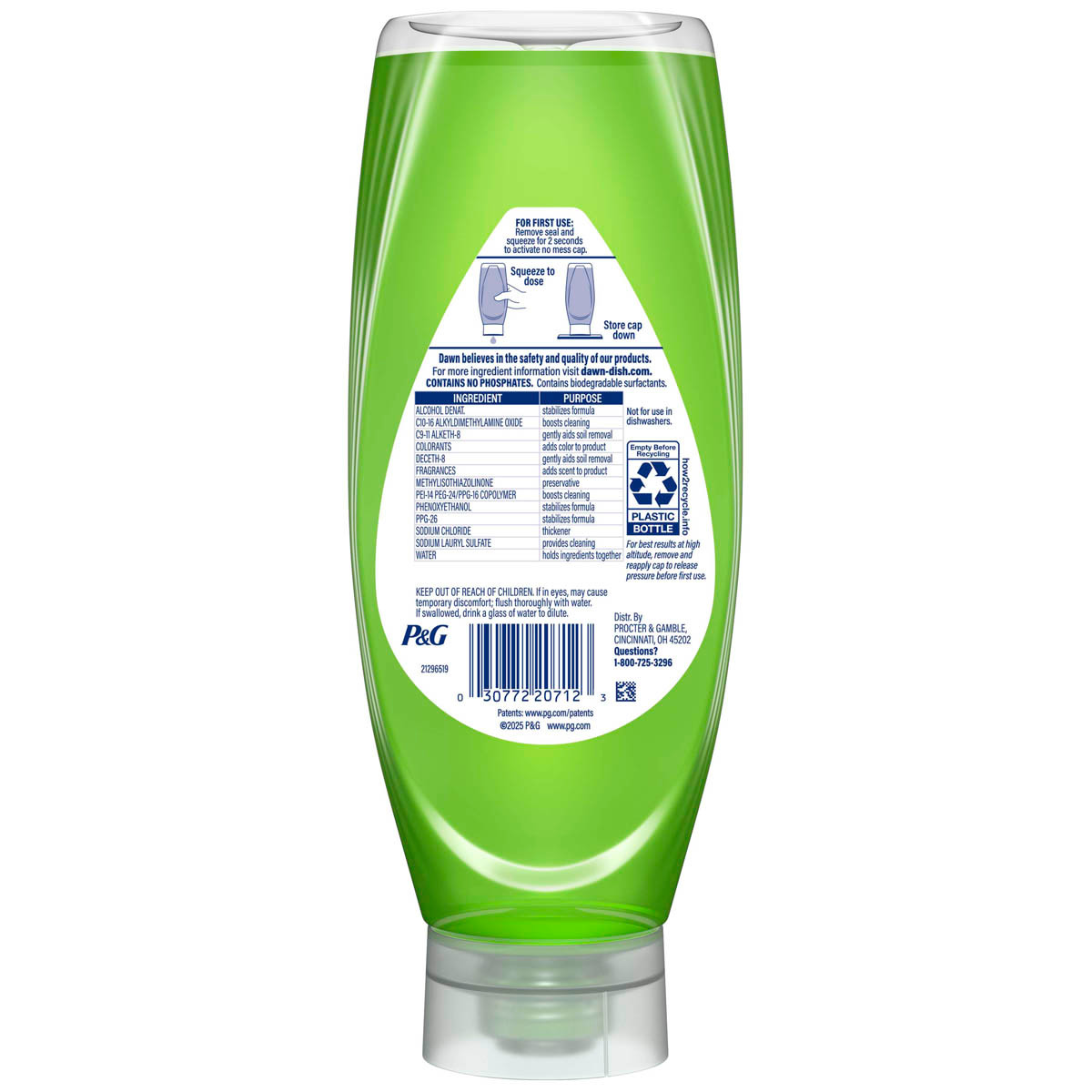 Back side of a Dawn Antibacterial EZ-Squeeze Dish Soap, Apple Blossom 22 oz bottle showing ingredients, safety warnings, and product information label.