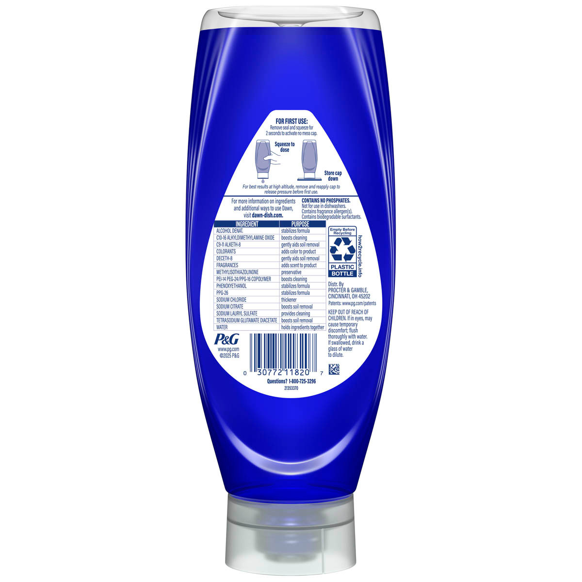 Back side of a Dawn Platinum EZ-Squeeze Dish Soap, Bleach Alternative Lemon 18oz showing ingredients, safety warnings, and product information label.