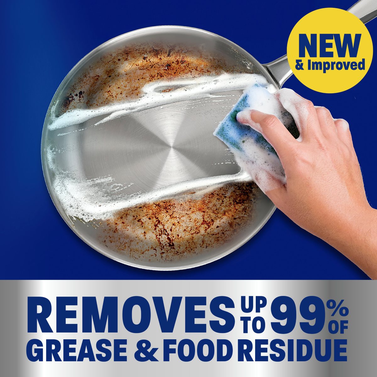 Cleaning product advertisement showcasing a hand washing a pan with the text highlighting grease and food residue removal effectiveness