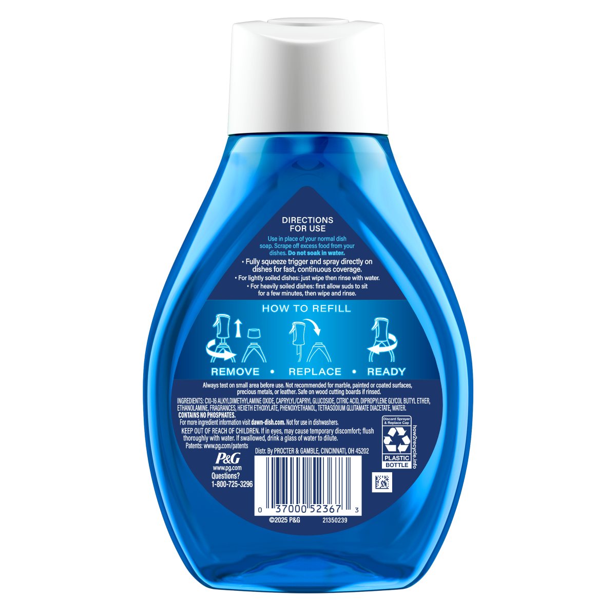 Back side of a Dawn Ultra Apple Blossom 7.5 oz dishwashing liquid bottle showing ingredients, safety warnings, and product information label.