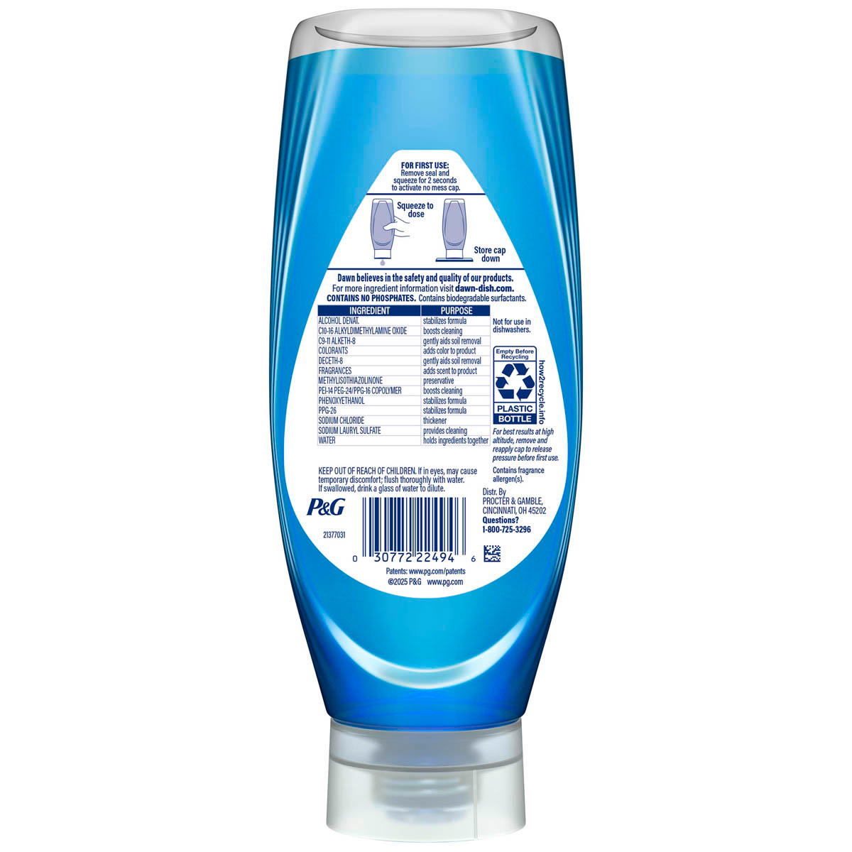 Back side of a Dawn UltraEZ SqueezeDish Soap, Dishwashing Liquid, Strawberry Fields 14.2oz bottle showing ingredients, safety warnings, and product information label.