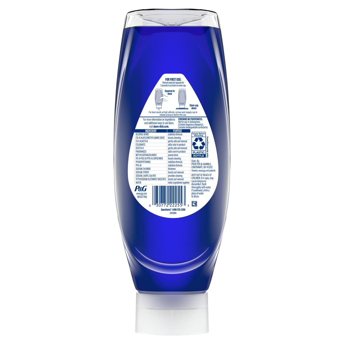 Back side of a Dawn Platinum EZ-Squeeze Dish Soap, Dishwashing Liquid, Wild Jasmine, 24 Fl Oz showing ingredients, safety warnings, and product information label.