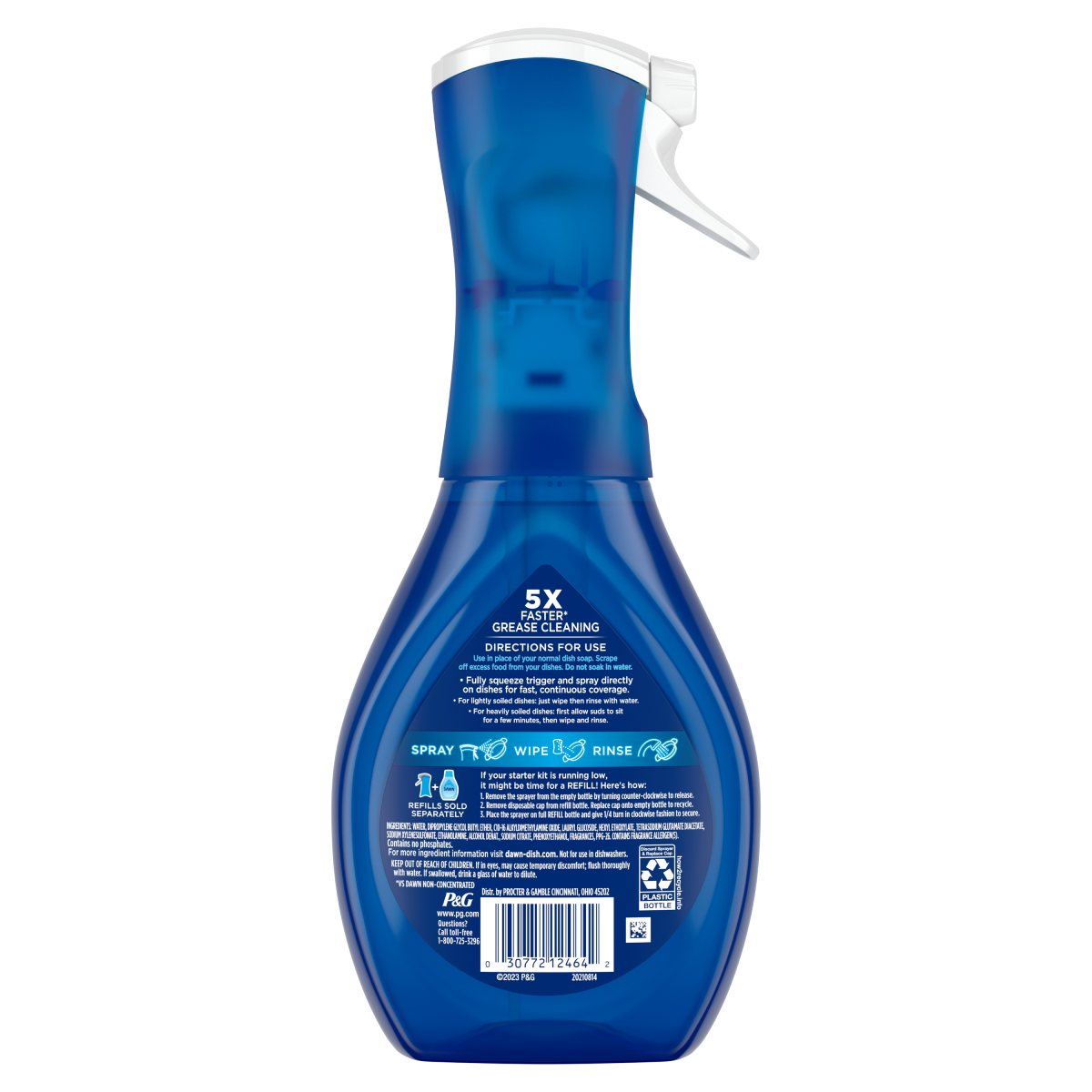 Back side of a Dawn Powerwash Gain Original Dish Spray 16 Oz showing ingredients, safety warnings, and product information label.