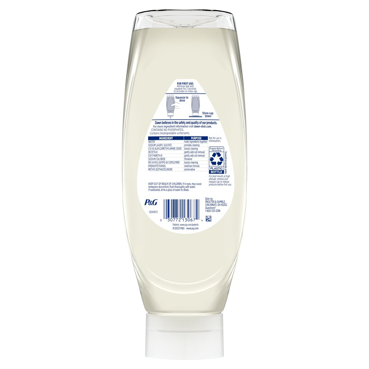 Back side of a Dawn Free & Clear EZ-Squeeze Dish Soap, Unscented bottle showing ingredients, safety warnings, and product information label.