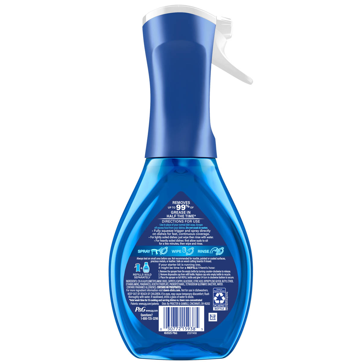 Back side of a Dawn Powerwash Spray Dish Soap Crisp Lilac showing ingredients, safety warnings, and product information label.