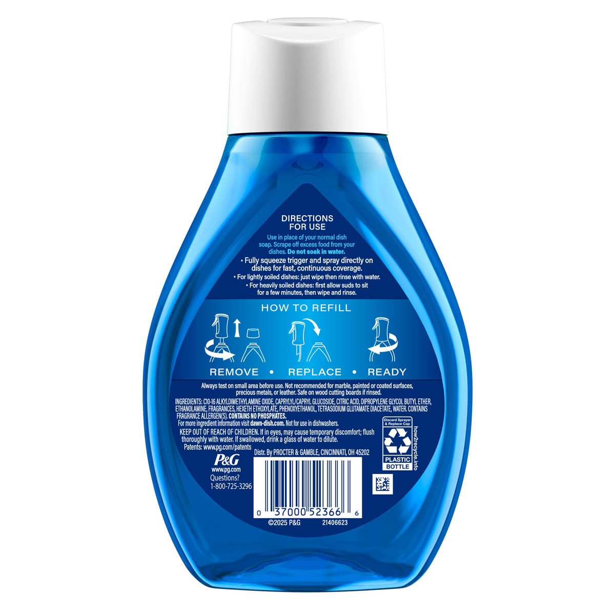 Back side of a Dawn Dawn Platinum Powerwas Dish Spray Refill 16 oz bottle showing ingredients, safety warnings, and product information label.