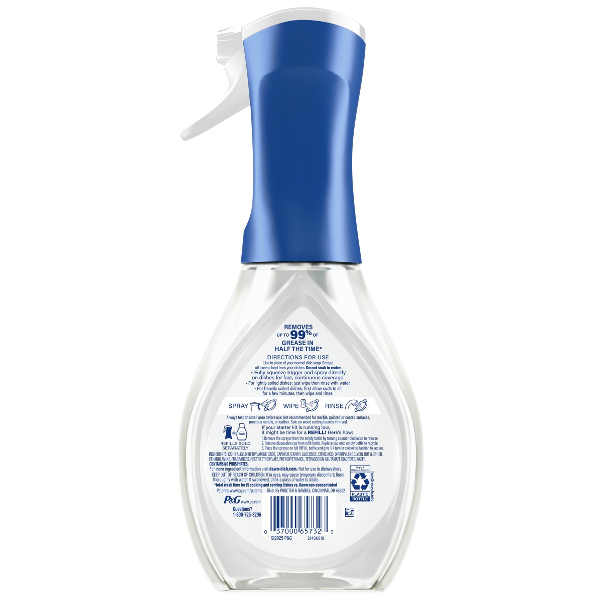 Back side of a Dawn Powerwash Free and Clear showing ingredients, safety warnings, and product information label.