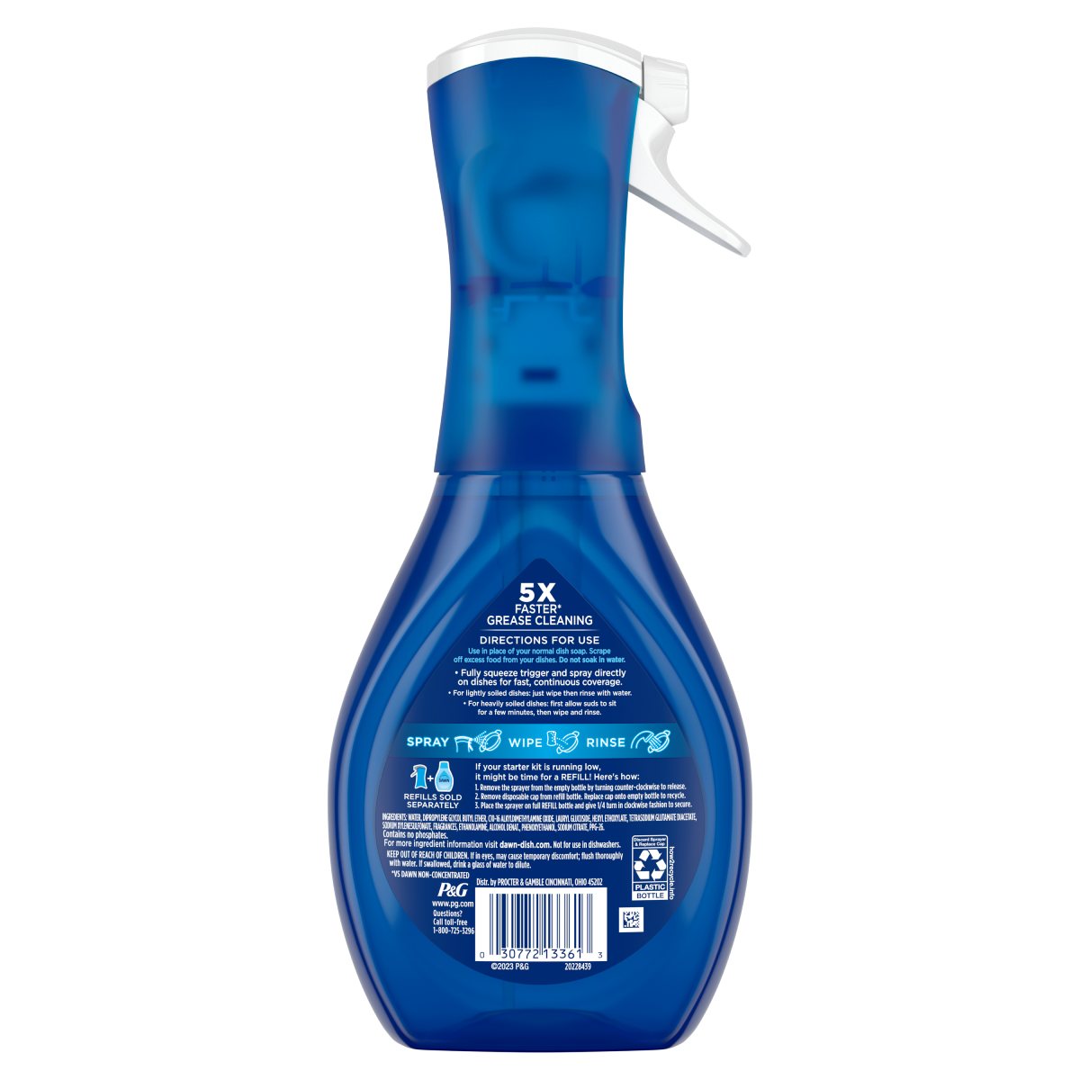 Back side of a Dawn Powerwash Gain Apple Mango Tango Dish Spray showing ingredients, safety warnings, and product information label.