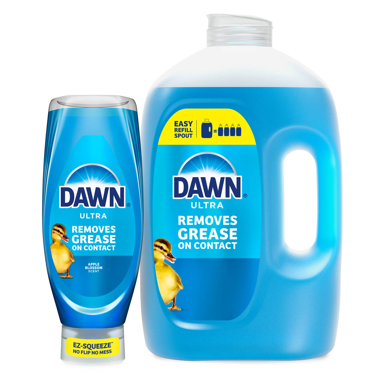 Product image of Dawn Ultra dishwashing liquid, showing an EZ-Squeeze bottle and a large refill jug with blue packaging and a “Removes Grease on Contact” label.