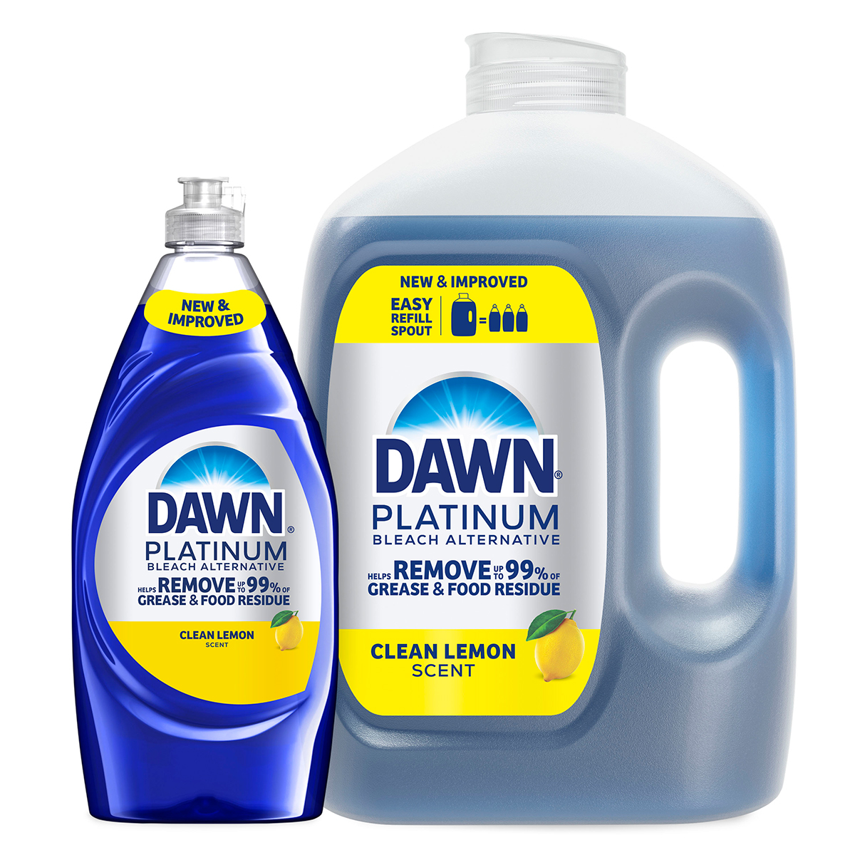 Dawn Platinum Clean Lemon dish soap set, showing one standard bottle and one large refill container