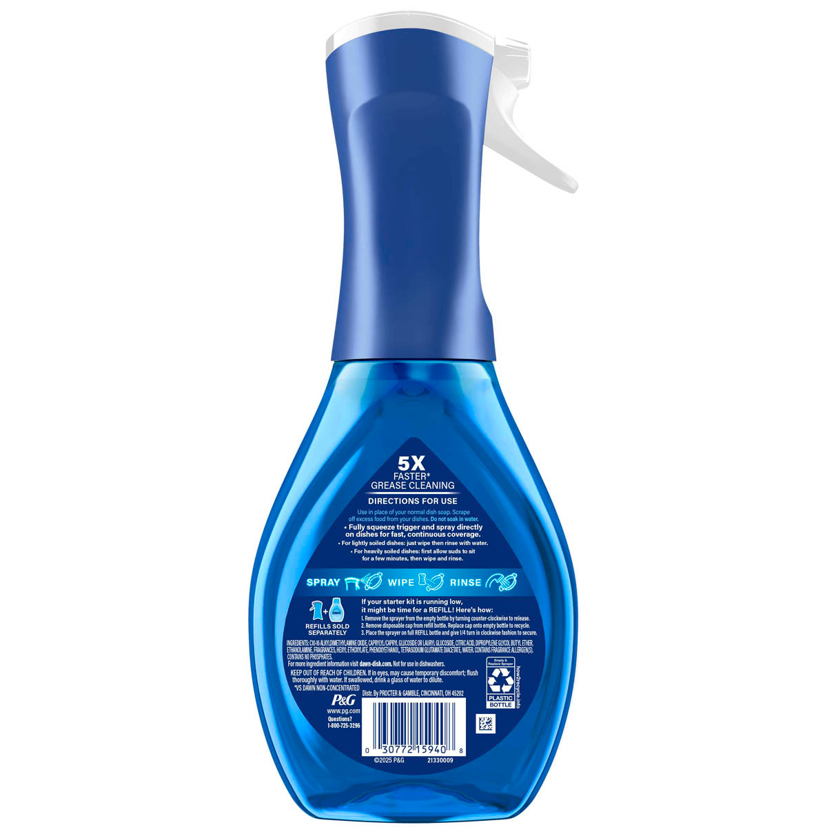 Back side of a Dawn Powerwash Dish Spray, Frosted Cranberry showing ingredients, safety warnings, and product information label.