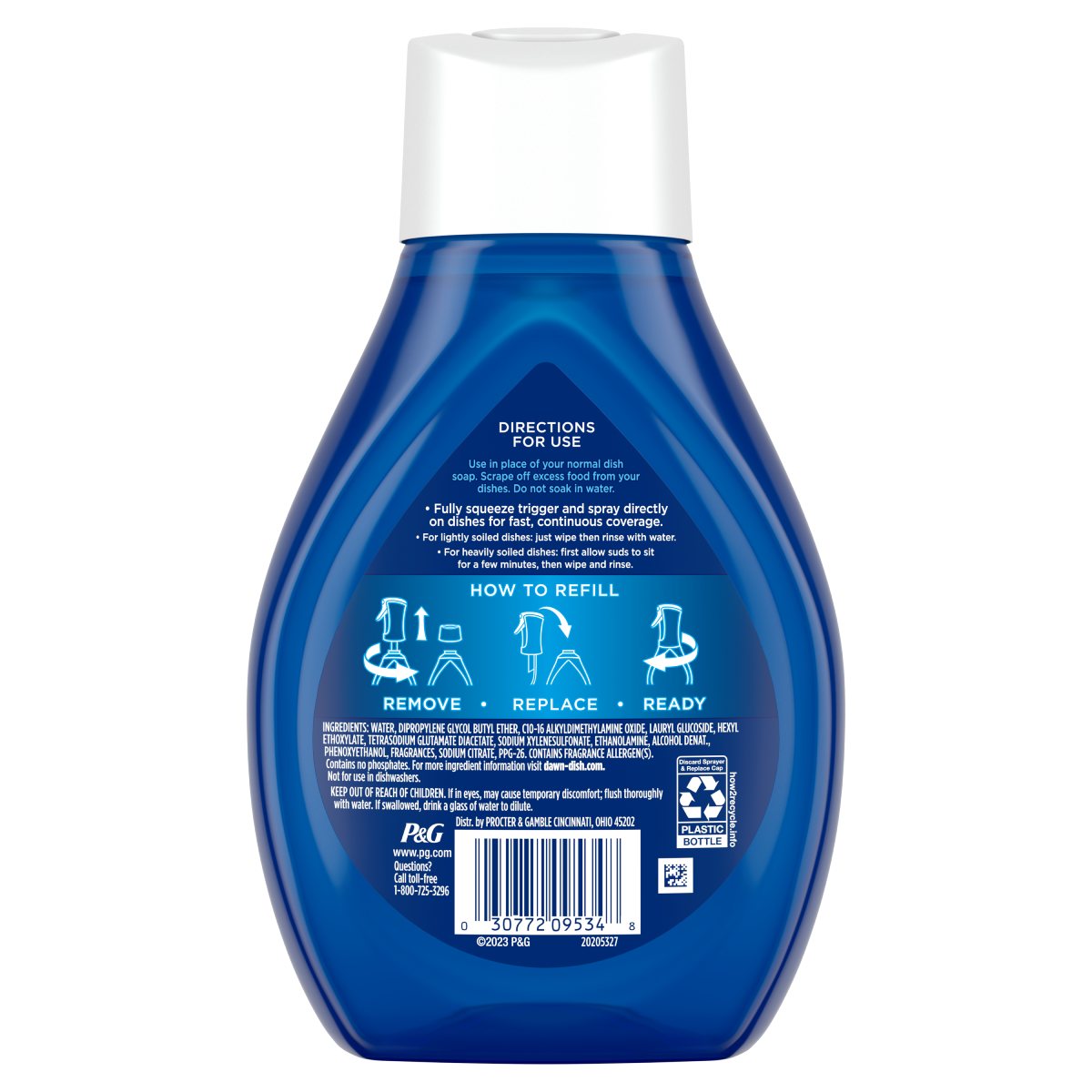 Back side of a Dawn Platinum Powerwash Dish Spray, Dish Soap, Lemon Refill showing ingredients, safety warnings, and product information label.