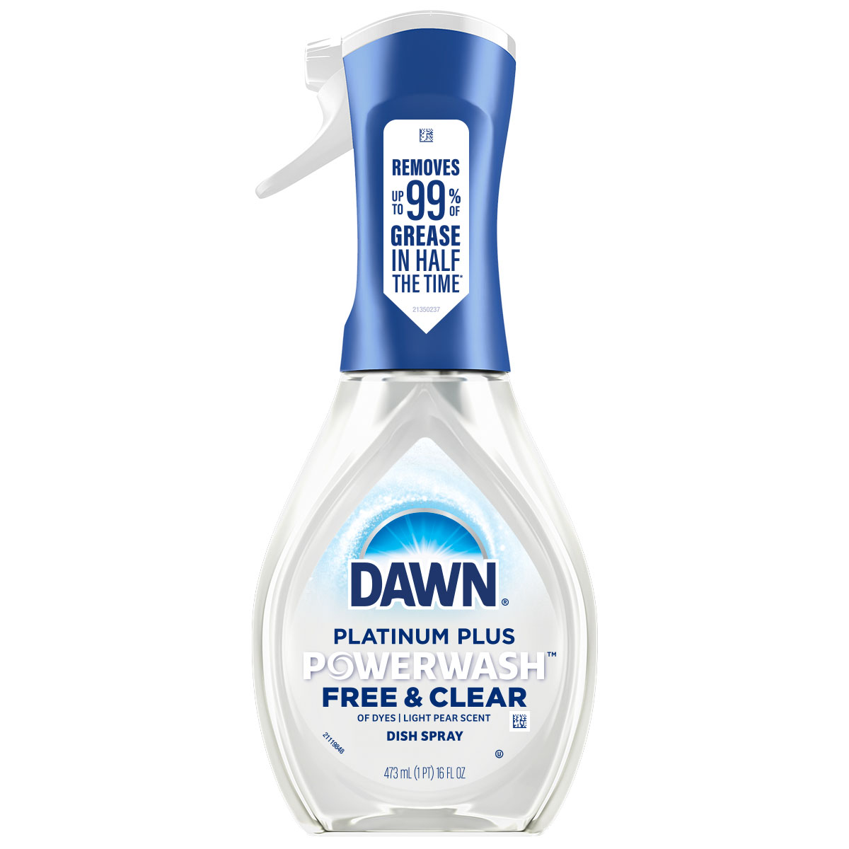 Bottle of Dawn Platinum Plus Powerwash dish spray Free and Clear, featuring a trigger nozzle and text claiming it removes up to 99% of grease in half the time.