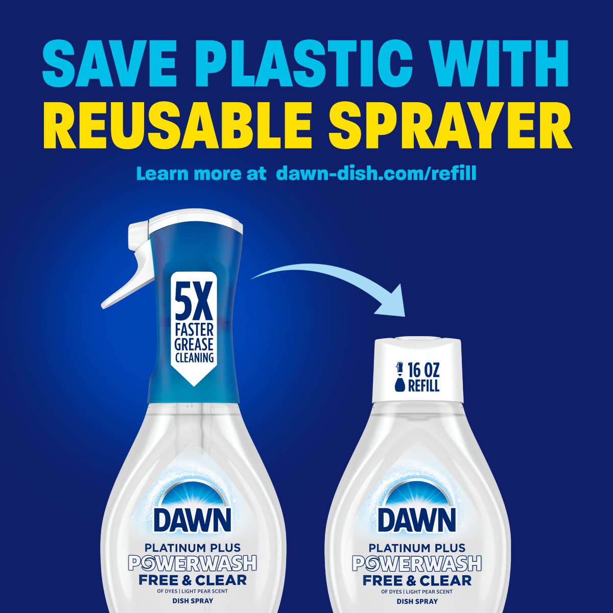 Save plastic with reusable sprayer, lear more at dawn-dish.com/refill