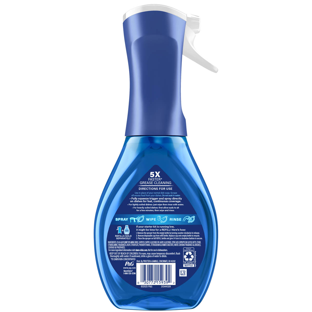 Back side of a Dawn Powerwash Dish Spray, Fresh Pine showing ingredients, safety warnings, and product information label.