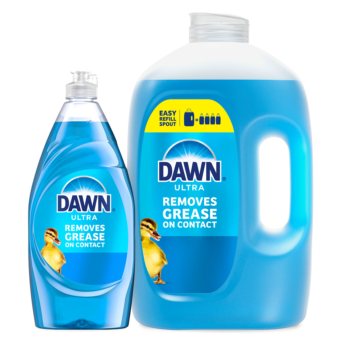 Dawn Ultra dish soap set in the classic blue formula, featuring one standard bottle and one large refill container