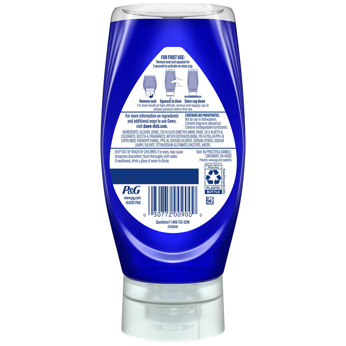 Back side of aDawn Platinum EZ-Squeeze, Refreshing Rain Scent 18 oz showing ingredients, safety warnings, and product information label.