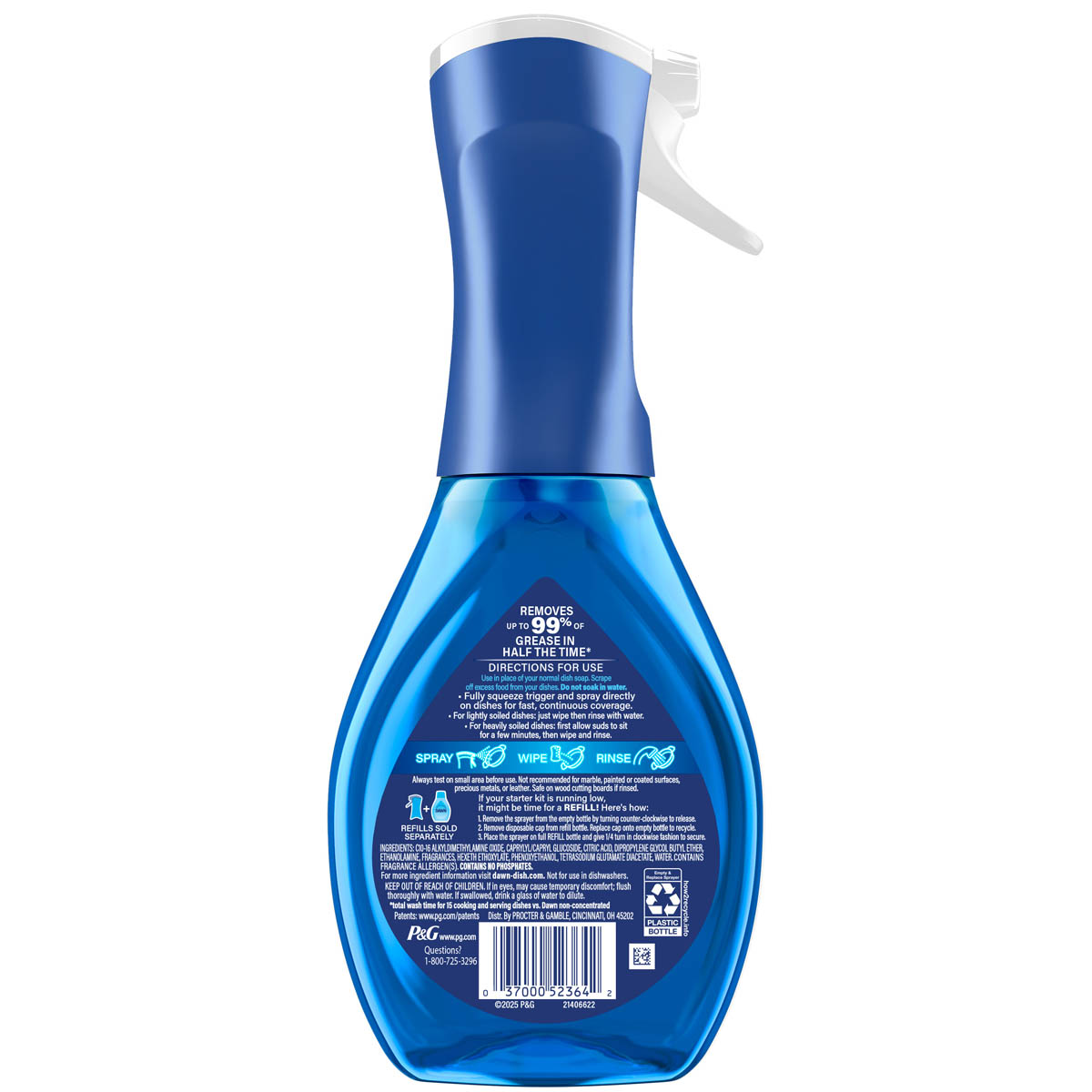 Back side of a Dawn Platinum Powerwash Dish Spray 16 oz showing ingredients, safety warnings, and product information label.