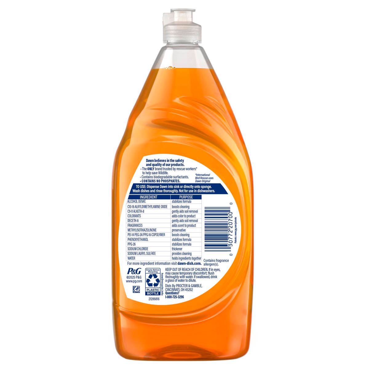 Back side of a Dawn Antibacterial Hand Soap, Dishwashing Liquid, Orange 38 oz bottle showing ingredients, safety warnings, and product information label.