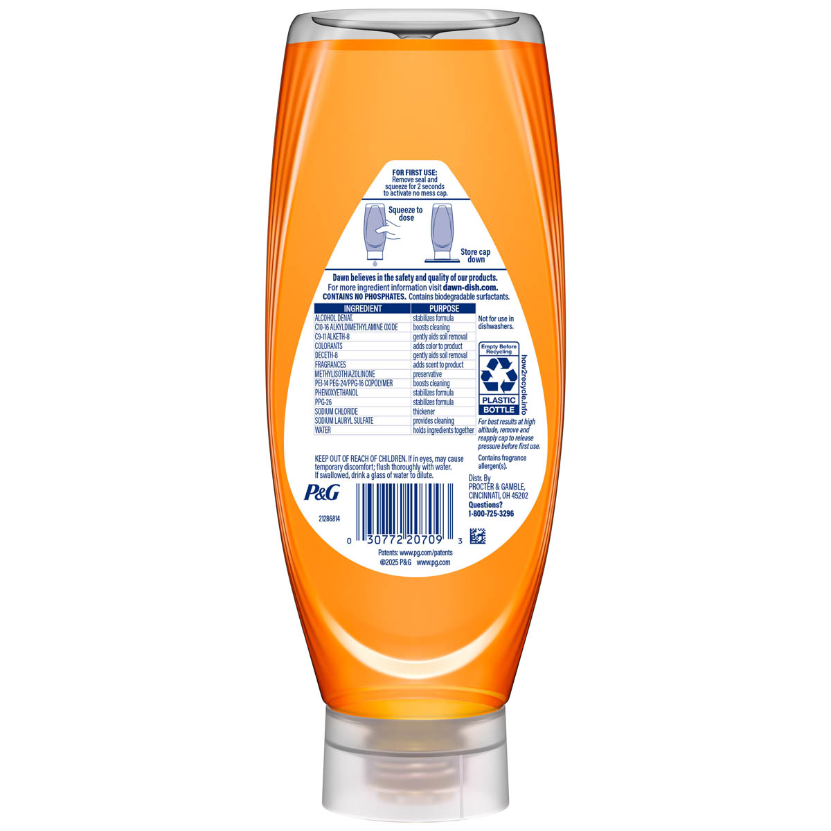 Back side of a Dawn Antibacterial EZ-Squeeze Liquid Dish Soap, Orange Scent 22 oz bottle showing ingredients, safety warnings, and product information label.
