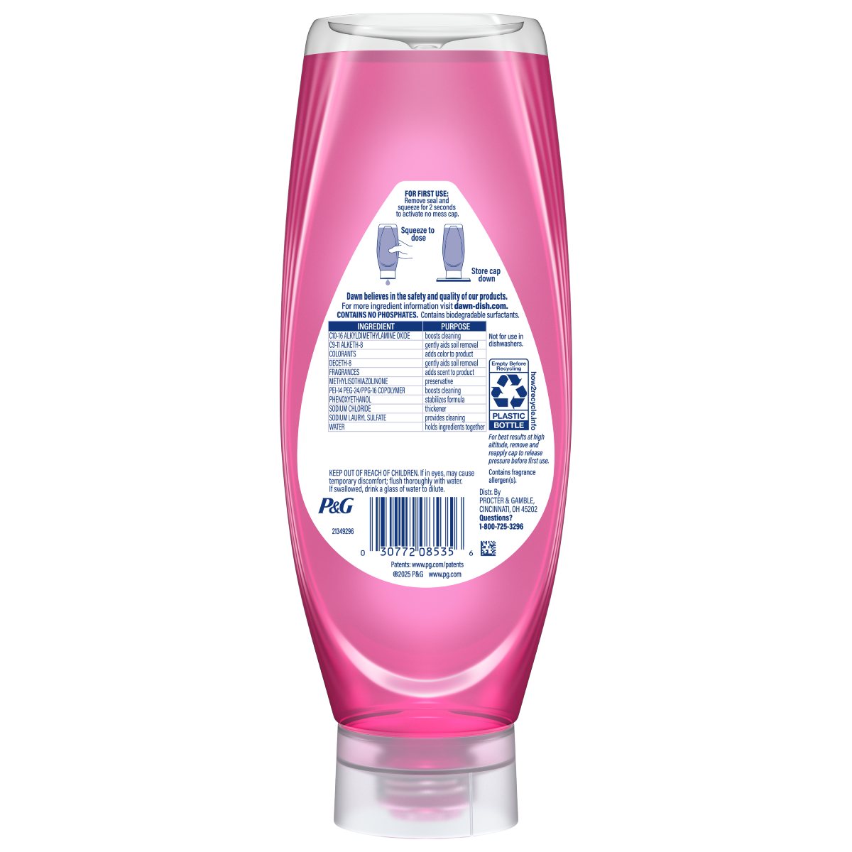 Back side of a Dawn Gentle Clean EZ-Squeeze Dish Soap, Pomegranate Rose Water 24.3 oz showing ingredients, safety warnings, and product information label.