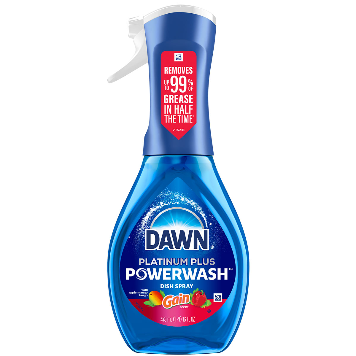 Bottle of Dawn Powerwash Gain Apple Mango Tango Dish Spray, featuring a trigger nozzle and text claiming it removes up to 99% of grease in half the time.