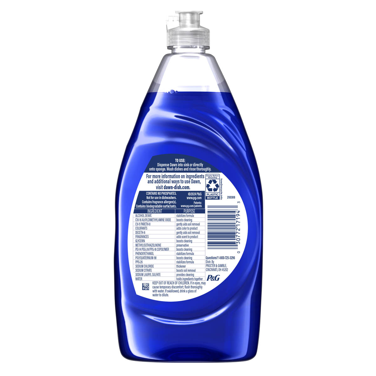 Back side of a Dawn Platinum Plus PowerSuds Liquid Dish Soap Bottle 21.6oz showing ingredients, safety warnings, and product information label.