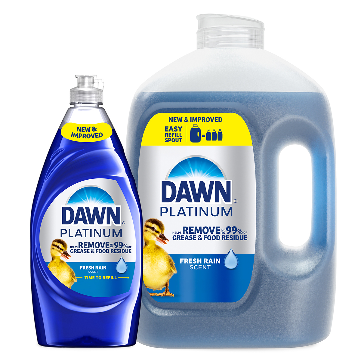 Two containers of Dawn Platinum dish soap, one large refill jug and one standard bottle, both with blue liquid and labels featuring a small duck.