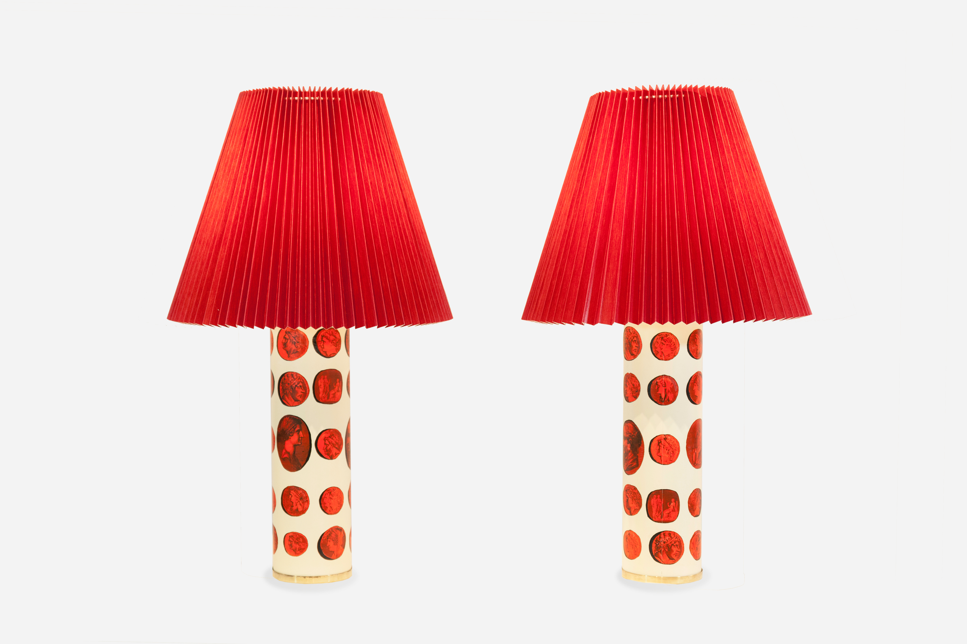 PIERO FORNASETTI, Pair of 'Cammei' table lamps, circa 1950, piero, fornasetti, cammei, table lamps, silk screen, brass, fabric