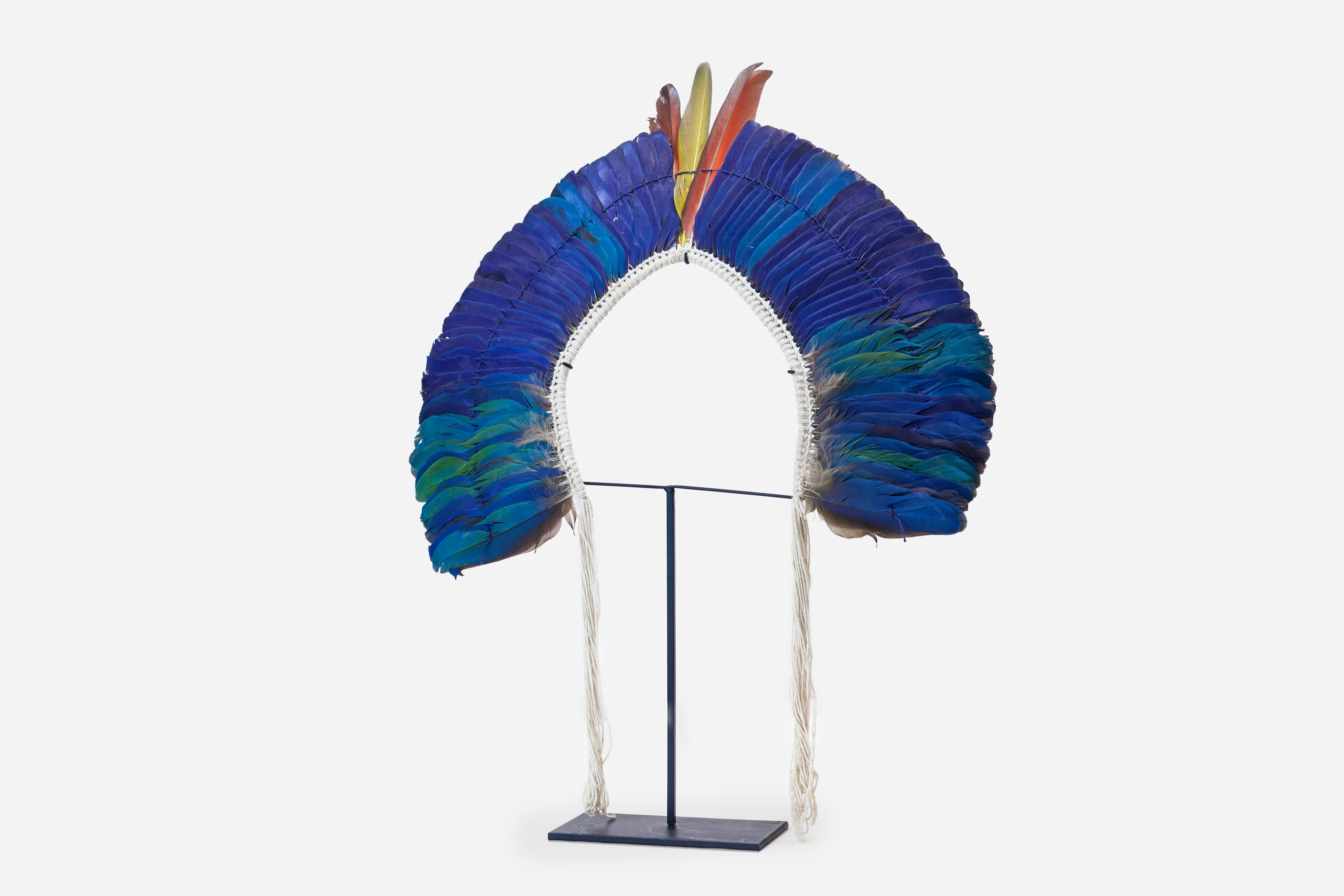 , Blue indigenous headdress, blue, indigenous, headdress, brazil, mato grosso, feathers, plumes, cotton thread