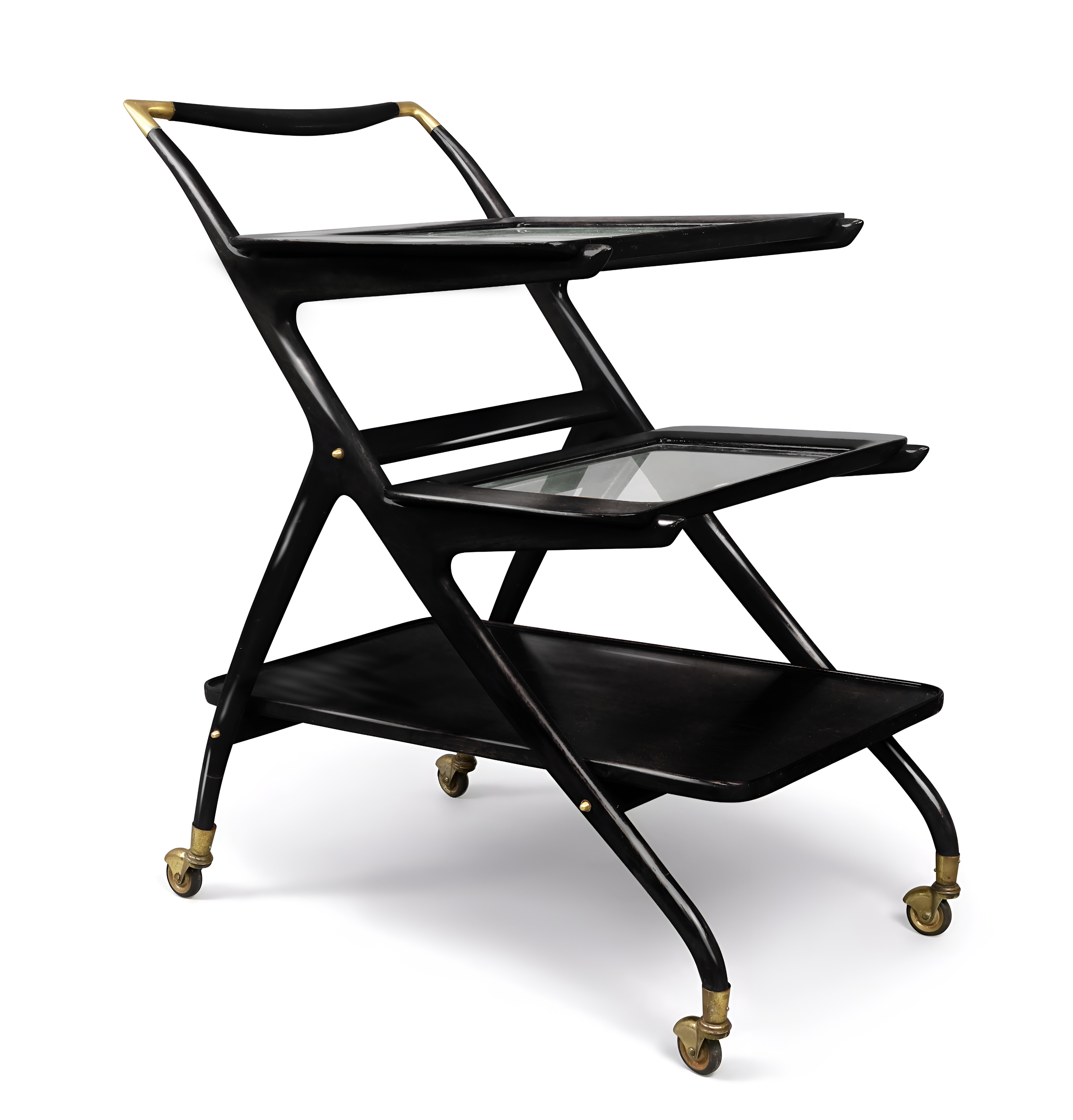 Ico Parisi, Bar trolley, model no. 65, circa 1952, Ico parisi, bar trolley, drinks trolley, bar cart, angelo de baggis, 1950s, midcentury modern, midcentury design, italian design, serving trays, mahogany, glass, brass