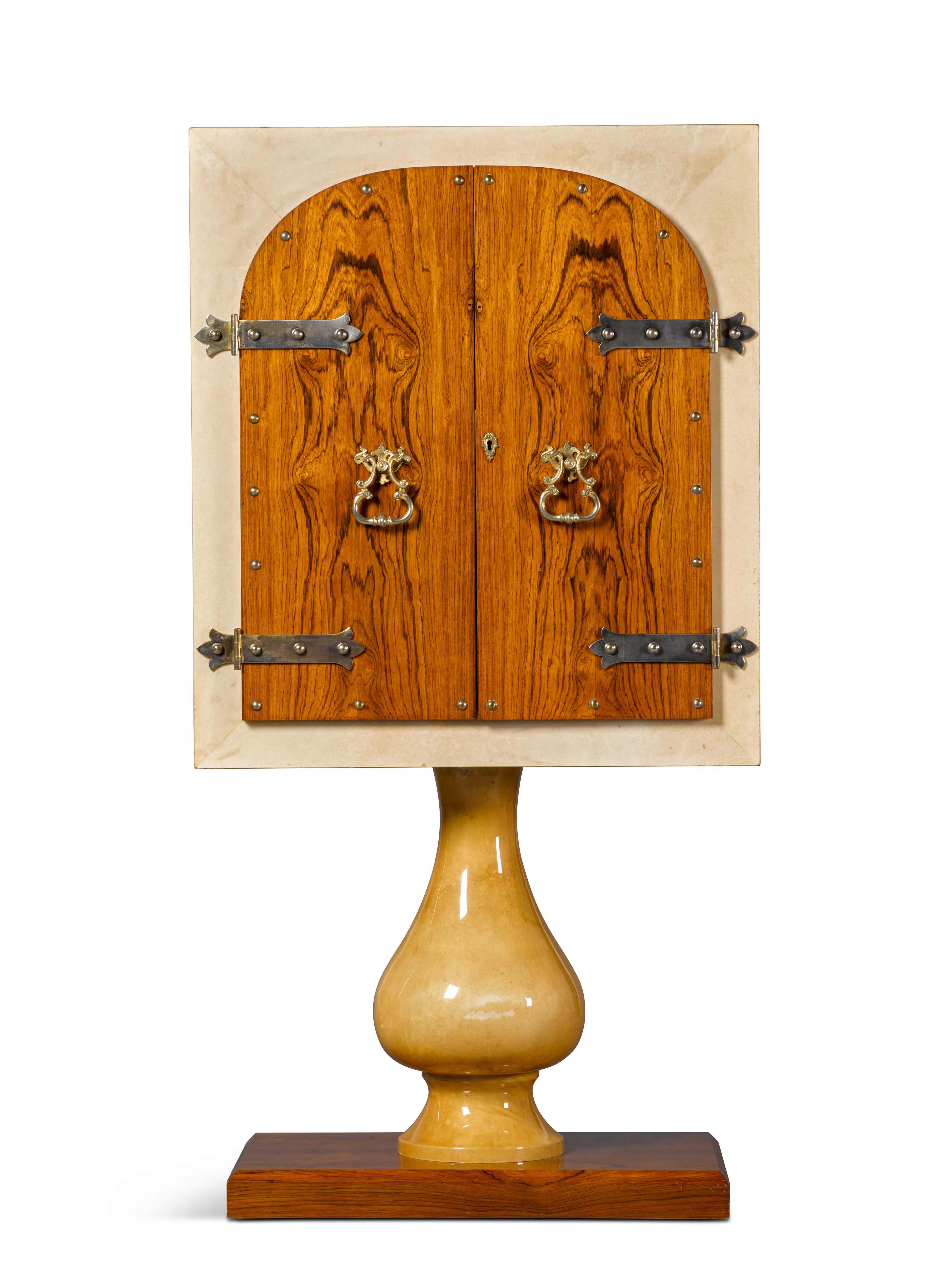 ALDO TURA, Illuminated drinks cabinet, circa 1950, aldo tura, italian, design, whimsical, drinks, cabinet, illuminated, goatskin, mirror glass, wood, chrome-plated metal