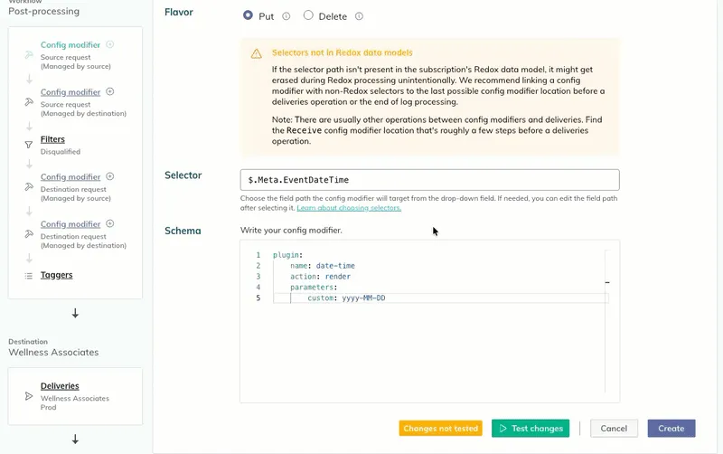 A user tests the config modifier and reviews what changed in the input and output payloads. A user tests the config modifier and reviews what changed in the input and output payloads.