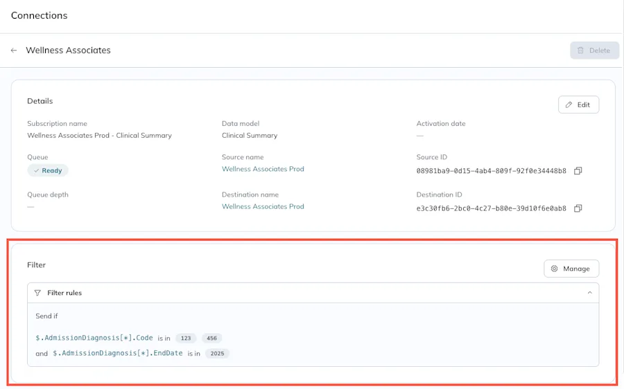 The filter details are highlighted at the bottom of a subscription's Details page. The filter details are highlighted at the bottom of a subscription's Details page.
