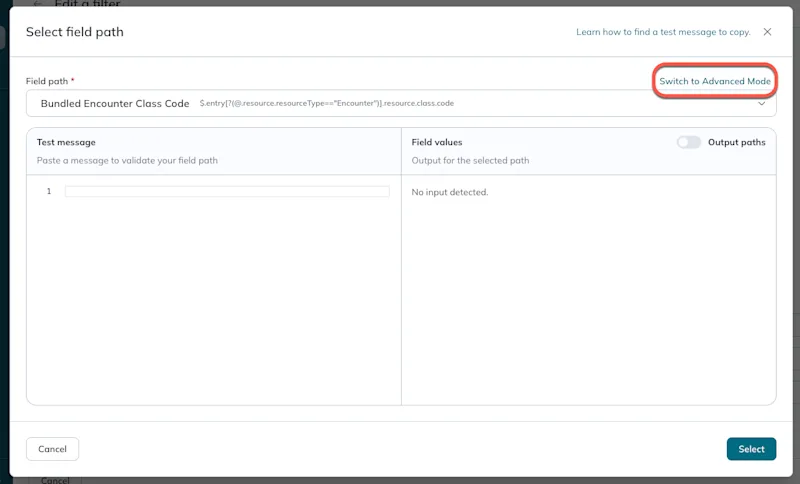 The option to switch to advanced template mode is in the top right of the modal. The option to switch to advanced template mode is in the top right of the modal.