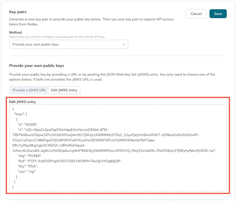 The JWKS entry is editable after a user clicks the Edit button. The JWKS entry is editable after a user clicks the Edit button.
