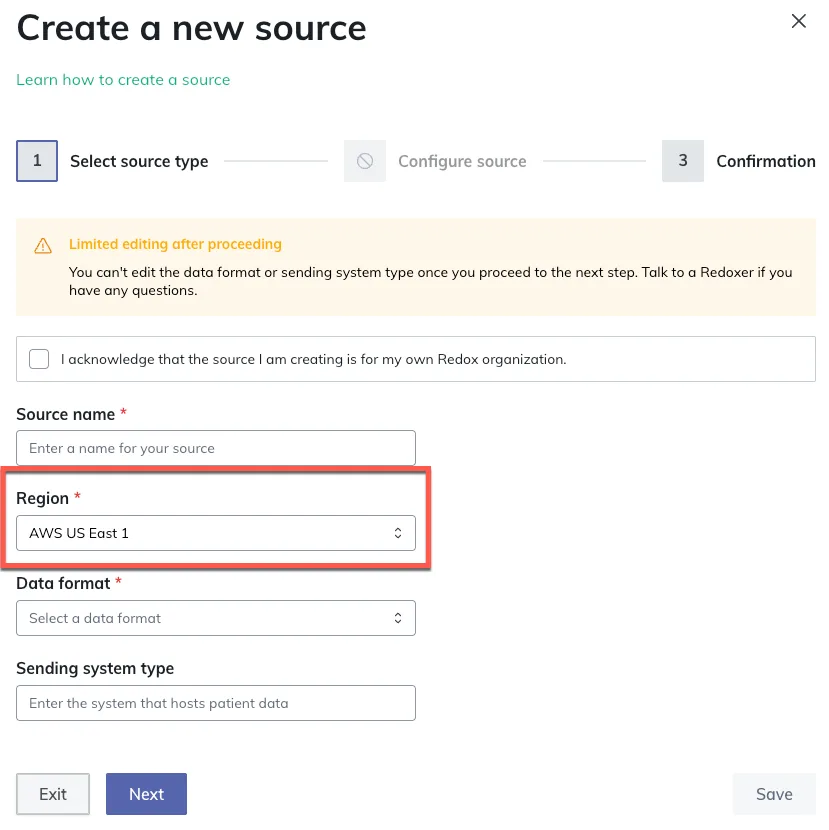 Region field in the source wizard Region field in the source wizard