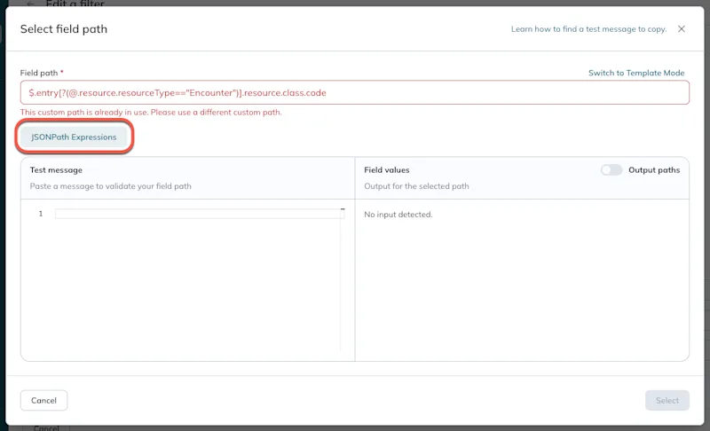 In advanced mode, the JSONPath Expressions help link appears below the field path. In advanced mode, the JSONPath Expressions help link appears below the field path.