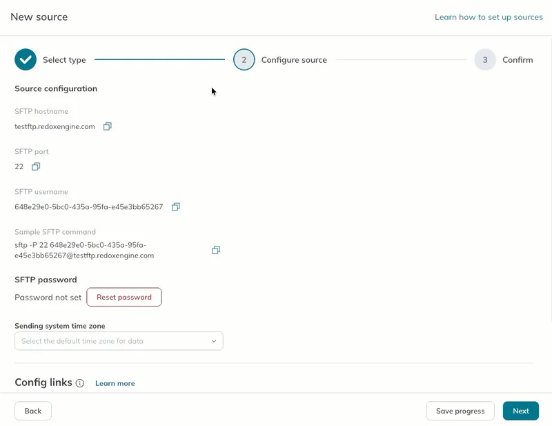 A user completes the SFTP source configuration in Step 2 of the source wizard. A user completes the SFTP source configuration in Step 2 of the source wizard.