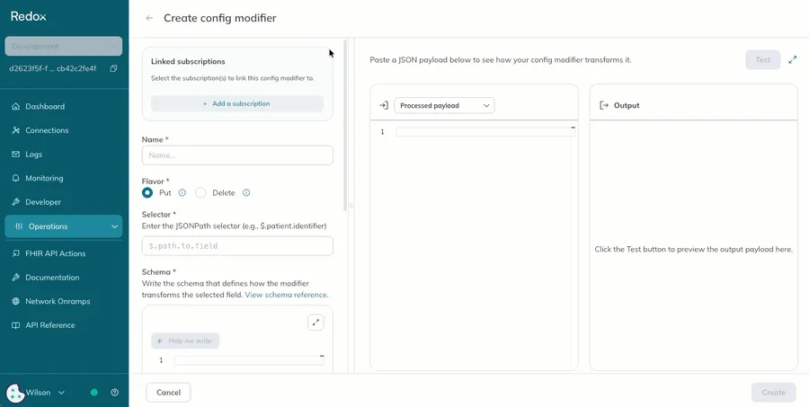 A user selects the connection, subscription, and processing location for the new config modifier. A user selects the connection, subscription, and processing location for the new config modifier.