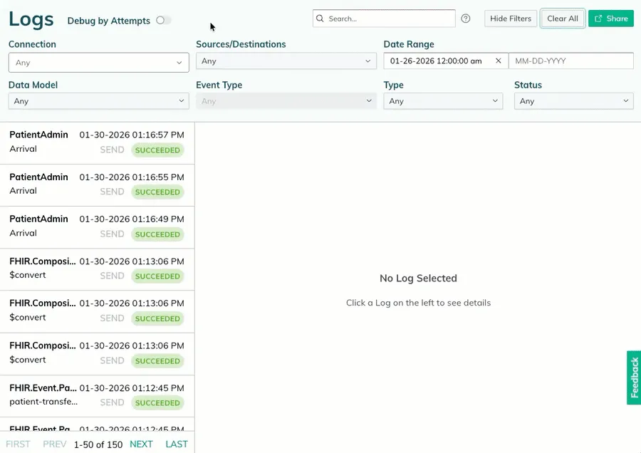 A user selects the Redox processing stage to view and copy a log payload. A user selects the Redox processing stage to view and copy a log payload.