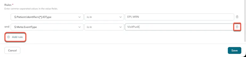 The Add rule option appears underneath any defined rules and the delete icon appears at the right of each of rule. The Add rule option appears underneath any defined rules and the delete icon appears at the right of each of rule.