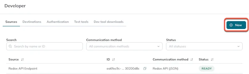 The New button is on the top right of the Sources tab. The New button is on the top right of the Sources tab.