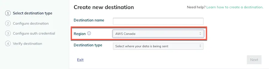 Region field in the destination wizard Region field in the destination wizard
