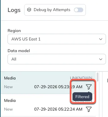 The filtered icon appears at the bottom right of a log entry. The filtered icon appears at the bottom right of a log entry.