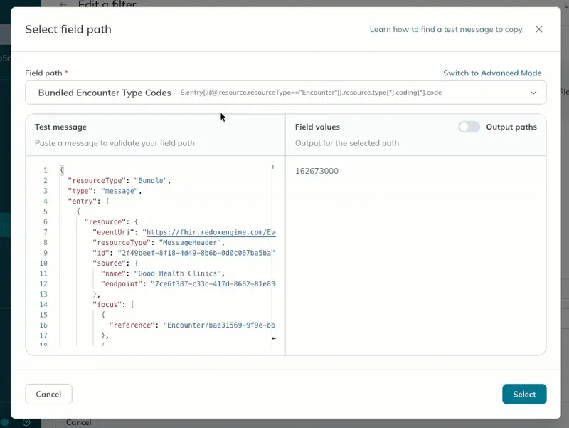 A user toggles between field values and output paths to validate the correct value will be filtered. A user toggles between field values and output paths to validate the correct value will be filtered.